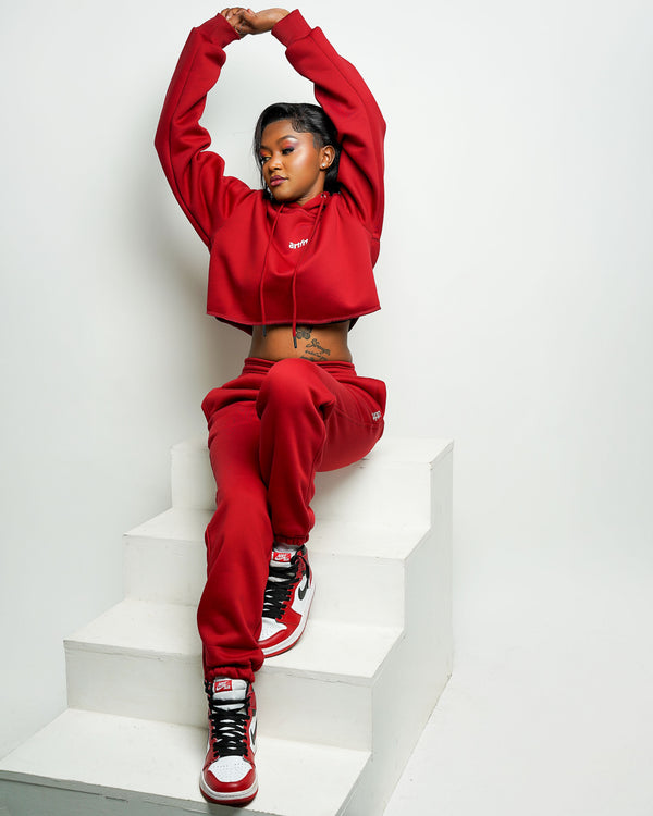 New Zaria Cropped Hoodie and Pants Tracksuit - Maroon Red