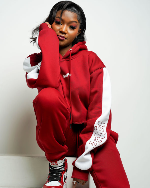 New Zaria Cropped Hoodie and Pants Tracksuit - Maroon Red