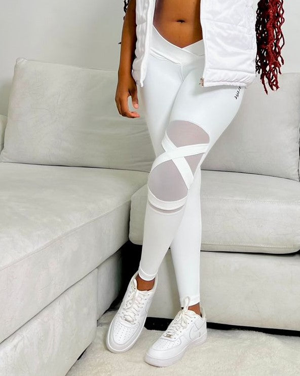 Cross Waist Mesh Cut Out Leggings - White