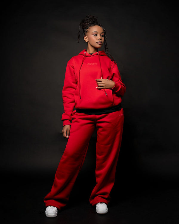 Unisex Tone-on-Tone Hoodie Tracksuit - Red