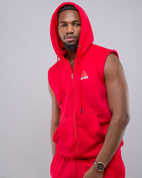 Red Sleeveless Zipped Hoodie