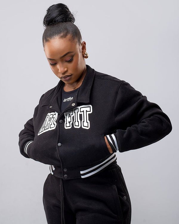 Cropped Art-Varsity Jacket(Collared) - Black