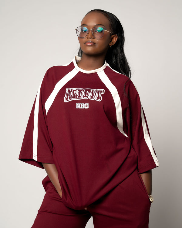 Female Raglan Two Tone Elbow Tee - Burgundy and White