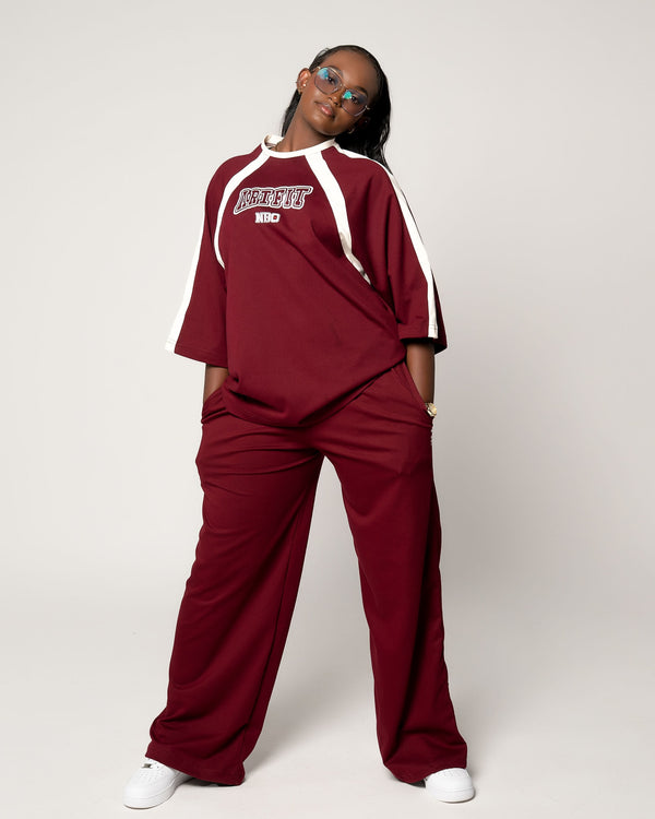 Female Raglan Two Tone Elbow Tee - Burgundy and White
