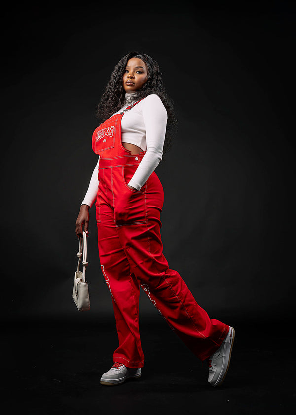 Chic Contra Stitch Dungaree Set-Red