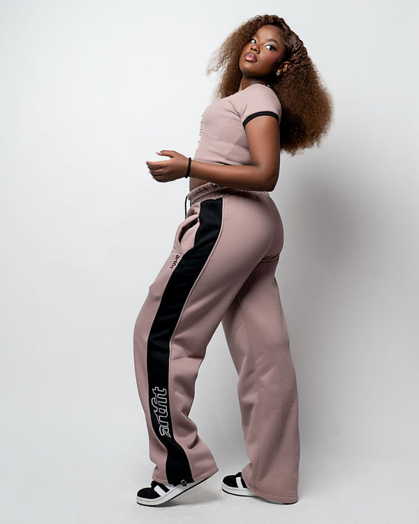 New Zaria Wide Legged Sweatpants And Top Set - Taupe & Black