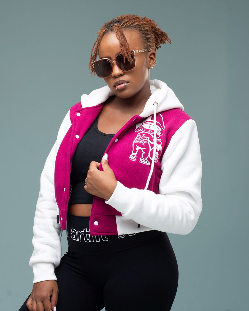 Cropped Varsity Jacket - Fuchsia/White